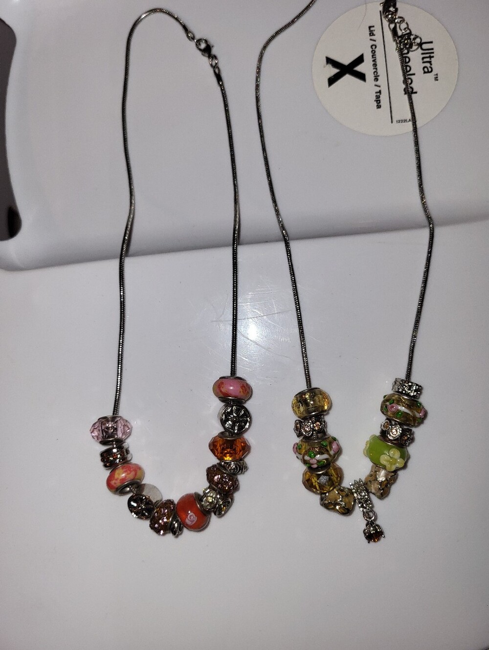 2 Vintage Lampwork Necklaces 9" Drop, Clasp Close, Ceramic/glass/rhinestone